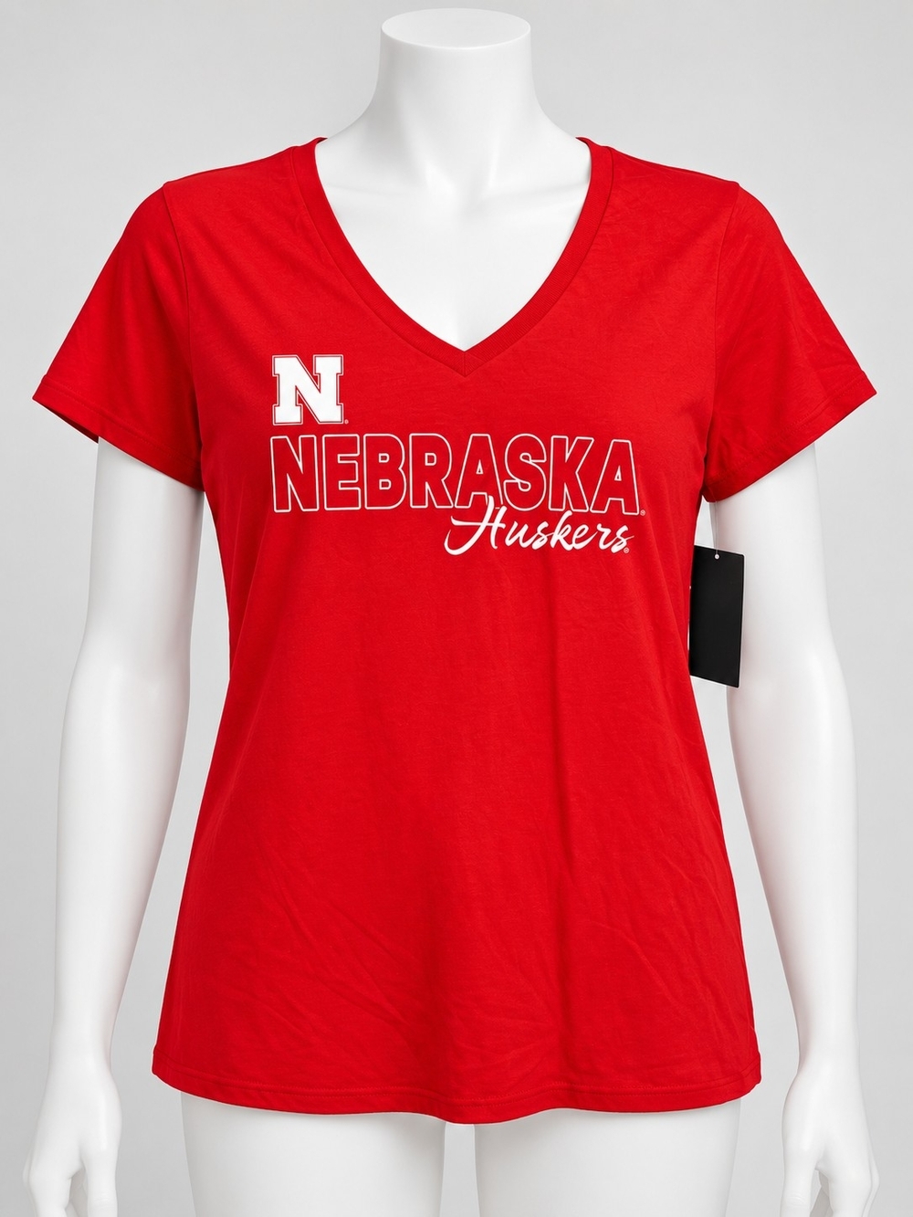 Captivating Nebraska Huskers Women’s Red V-Neck T-Shirt – Large